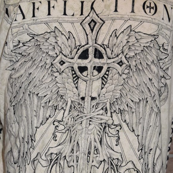 Affliction Live Fast T Shirt Men XL Beige Distressed Graphic Design Short Sleeve - Picture 3 of 11